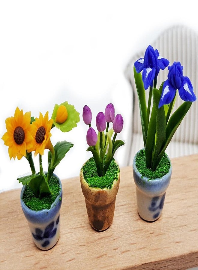 WitnyStore Tiny 1½" High 3 Pieces Set Sunflower Tulip Iris - Hand Made Artificial Flowers Colorful Miniature Realistic Modelling Clay Flower Plants in Pots Blooming House Plant Home Indoor Decoration - Image 4