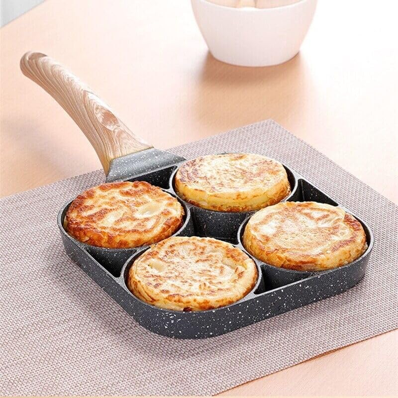 Mforall Non Stick Egg Frying pan 4 Hole Frying pan for Omelet uttapamidli Burger Poached Egg MultiPurpose Kitchen Breakfast Aluminium Frying pan with Detachable Wooden Handle - Image 4