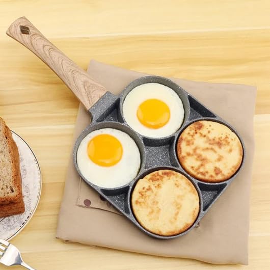 Mforall Non Stick Egg Frying pan 4 Hole Frying pan for Omelet uttapamidli Burger Poached Egg MultiPurpose Kitchen Breakfast Aluminium Frying pan with Detachable Wooden Handle - Image 2