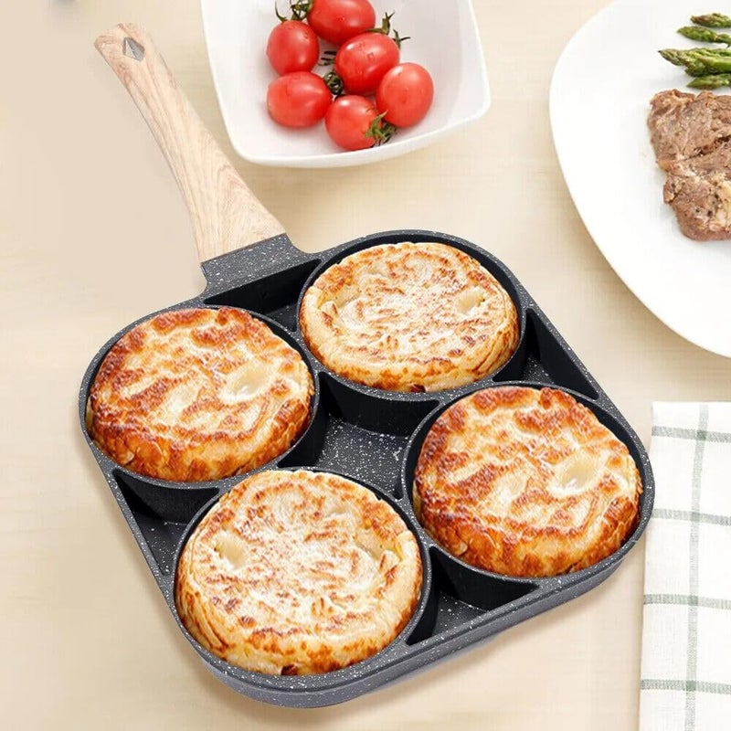 Mforall Non Stick Egg Frying pan 4 Hole Frying pan for Omelet uttapamidli Burger Poached Egg MultiPurpose Kitchen Breakfast Aluminium Frying pan with Detachable Wooden Handle - Image 3