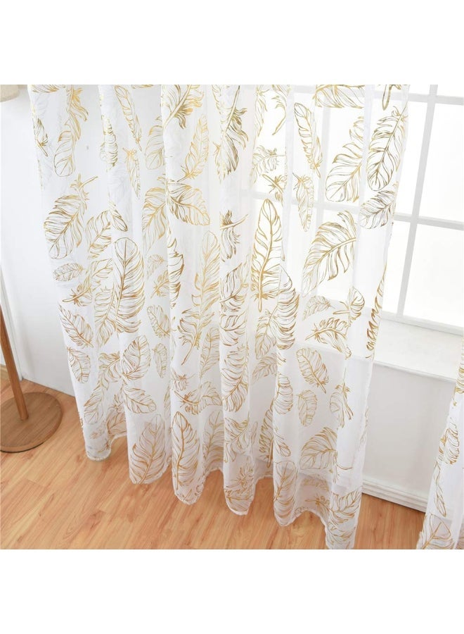 NIBEMINENT Pack Of 2 Feather Printed Sheer Window Curtains White/Gold 40x79inch - Image 3