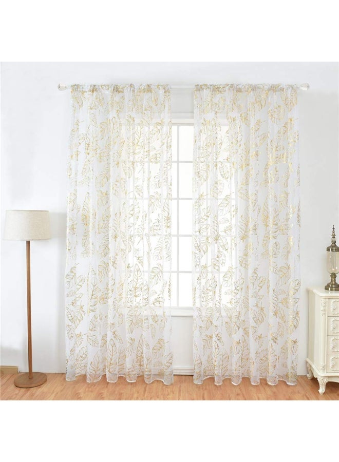 NIBEMINENT Pack Of 2 Feather Printed Sheer Window Curtains White/Gold 40x79inch - Image 2