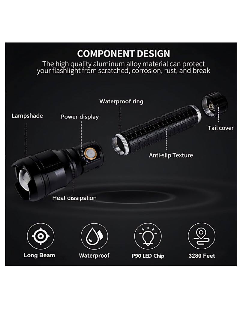 P90 Rechargeable LED Flashlight, 150000 High Lumens Super Bright Powerful Flash Lights, Handheld Large Flashlight Outdoor with 3 Modes, IPX7 Waterproof (Black) - Image 3