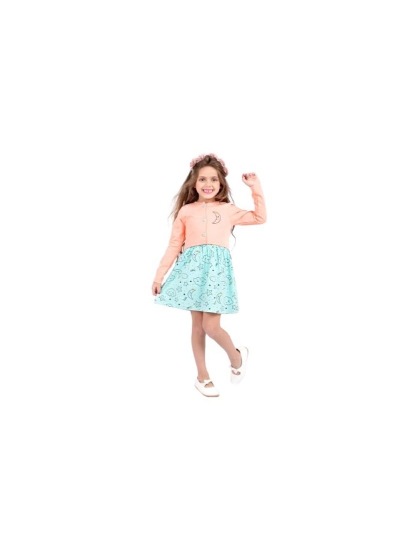A girl's dress light blue in color with drawings  and a jacket in Simon color  - Image 1