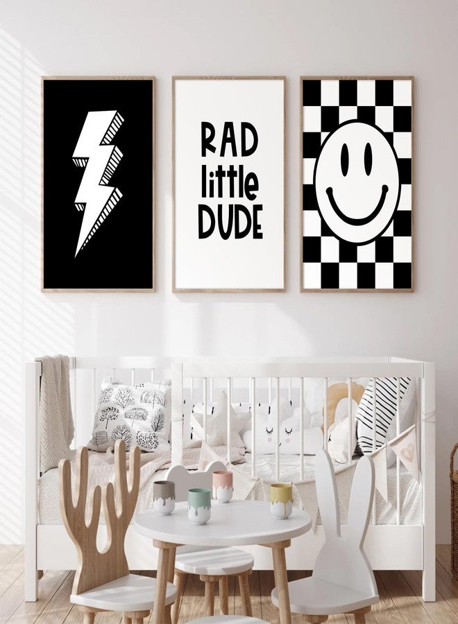 Joocrise Boys Room Wall Art Decor Set of 3 Toddler Nursery Canvas Wall Art Baby Kids Wall Decor Black Checkered Smiley Poster Pictures Retro Playroom Rad Little Dud Art Prints for Bedroom 12x16 Inch Unframed - Image 3