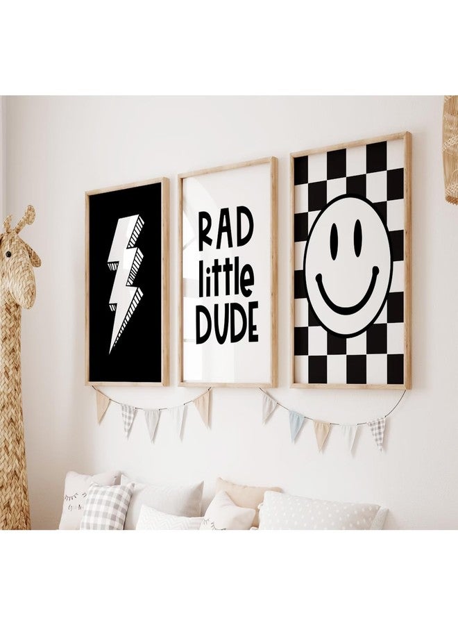 Joocrise Boys Room Wall Art Decor Set of 3 Toddler Nursery Canvas Wall Art Baby Kids Wall Decor Black Checkered Smiley Poster Pictures Retro Playroom Rad Little Dud Art Prints for Bedroom 12x16 Inch Unframed - Image 1