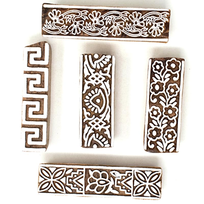 TWOGRAMS | Set of 5 | Wooden Indian Traditional Design Printing Stamps/Blocks for Printing Saree Border/Dresses/Craft Card Making/Scrapbook/Clay Pottery - Image 1