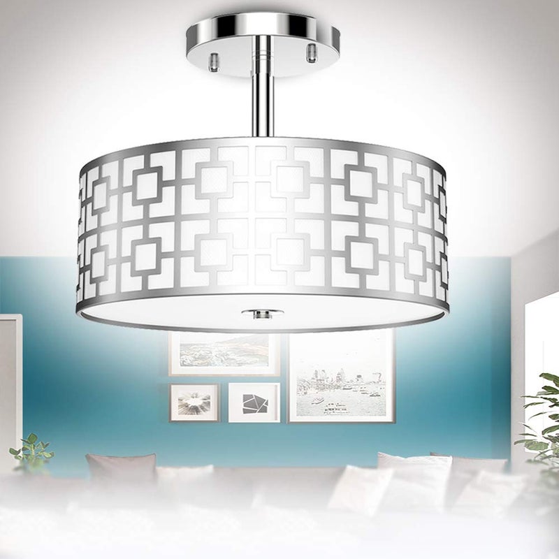 Depuley Depuley Semi Flush Mount Ceiling Light, Silver Iron Drum Chandelier Lighting, Modern Pendant Light with 3 Bulb Socket in Chrome Finish for Bedroom Dining Living Room Hallway Foyer(Bulbs No Included)  - Image 1