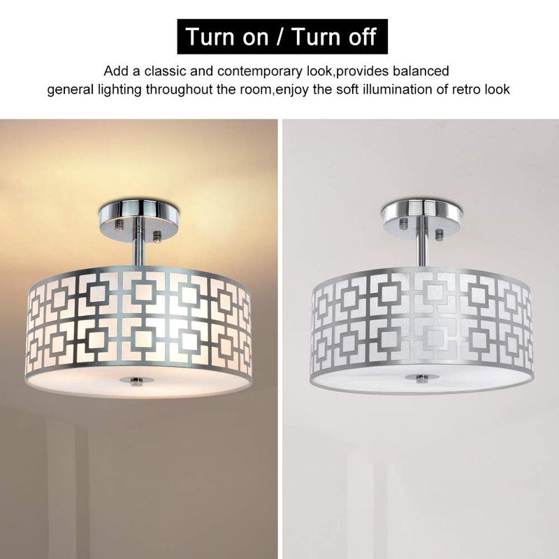 Depuley Depuley Semi Flush Mount Ceiling Light, Silver Iron Drum Chandelier Lighting, Modern Pendant Light with 3 Bulb Socket in Chrome Finish for Bedroom Dining Living Room Hallway Foyer(Bulbs No Included)  - Image 2