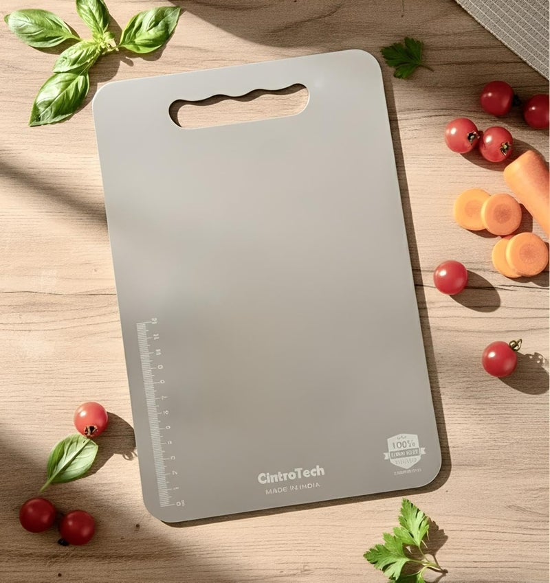 Cintrotech Large Stainless Steel Chopping Board 35.5 x 25 cm | Food Grade Rust-Free Cutting Board | Multipurpose for Kitchen, Vegetables, Meat, Fish, Fruits | Easy Clean, Round Edge, Handle Design - Image 1