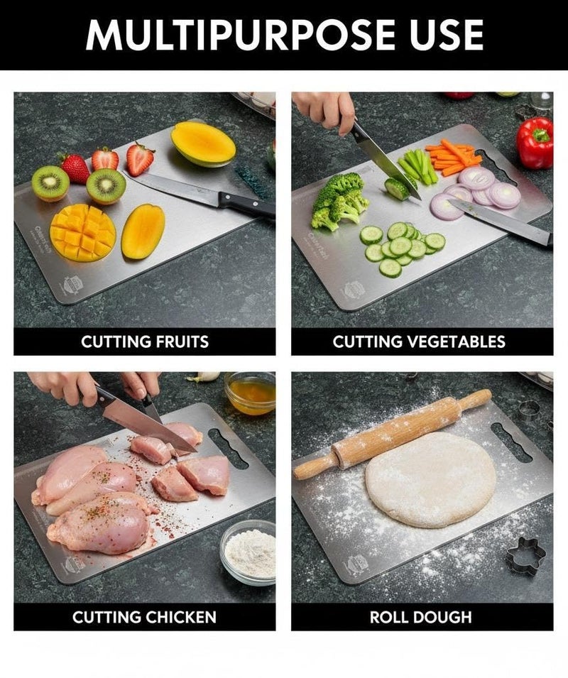 Cintrotech Large Stainless Steel Chopping Board 35.5 x 25 cm | Food Grade Rust-Free Cutting Board | Multipurpose for Kitchen, Vegetables, Meat, Fish, Fruits | Easy Clean, Round Edge, Handle Design - Image 3