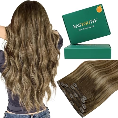 Easyouth Clip in Extensions Real Human Hair Balayage Natural Hair Extensions Clip ins Dark Brown Fading to Caramel Blonde Mix Brown Clips in Real Hair Extension for Women 5Pcs 80g 16 Inch - Image 1