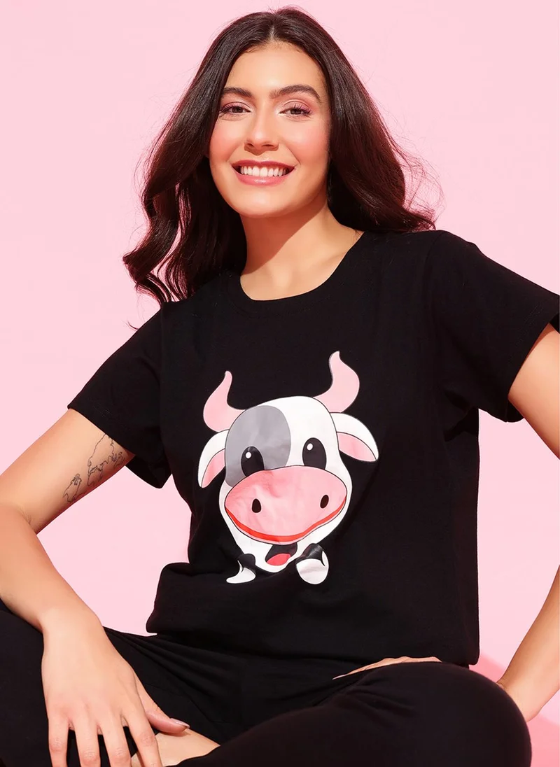 كلوفيا Clovia Cow Emoji Print Top & Solid Pyjama Set in Black - 100% Cotton