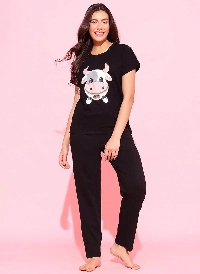 كلوفيا Clovia Cow Emoji Print Top & Solid Pyjama Set in Black - 100% Cotton
