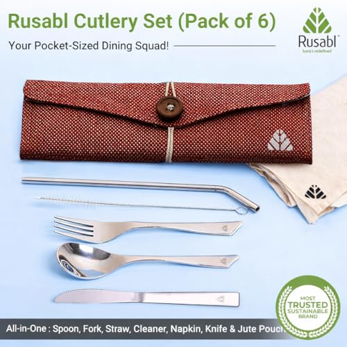 Rusabl Stainless Steel Cutlery Set (Pack of 6, Red) Reusable Travel Pack for Daily Use, Gifting and Travelling (Spoon, Fork, Knife, Steel Straw, Cleaning Brush, Napkin and Jute Pouch) - Image 2