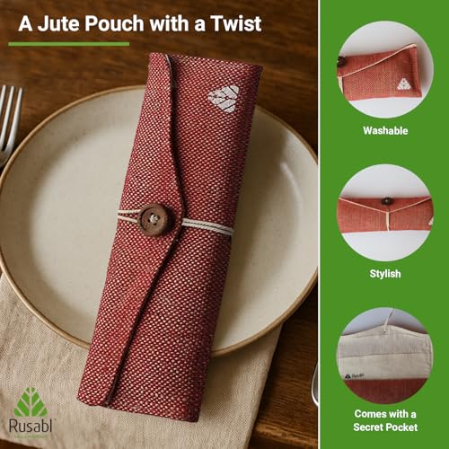 Rusabl Stainless Steel Cutlery Set (Pack of 6, Red) Reusable Travel Pack for Daily Use, Gifting and Travelling (Spoon, Fork, Knife, Steel Straw, Cleaning Brush, Napkin and Jute Pouch) - Image 4