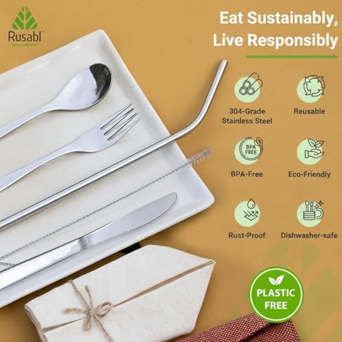 Rusabl Stainless Steel Cutlery Set (Pack of 6, Red) Reusable Travel Pack for Daily Use, Gifting and Travelling (Spoon, Fork, Knife, Steel Straw, Cleaning Brush, Napkin and Jute Pouch) - Image 3