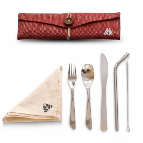 Rusabl Stainless Steel Cutlery Set (Pack of 6, Red) Reusable Travel Pack for Daily Use, Gifting and Travelling (Spoon, Fork, Knife, Steel Straw, Cleaning Brush, Napkin and Jute Pouch) - Image 1