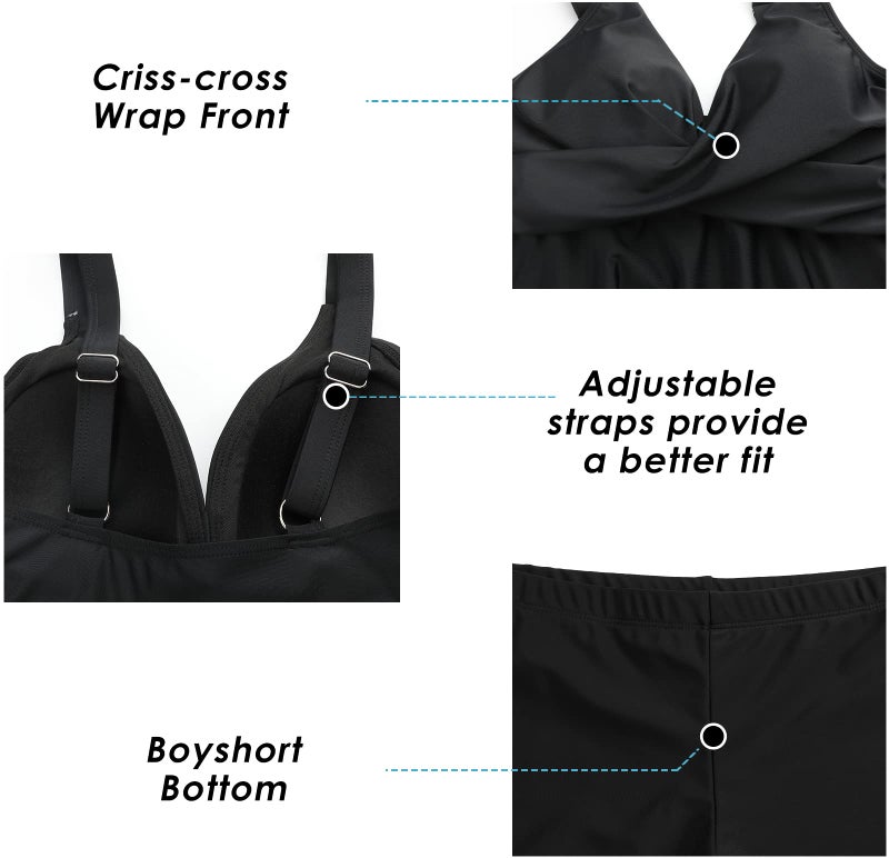 SEAFORM Women's Tankini Bathing Suits Two-Piece Tummy Control Swim Dress High Waist Printing Padded Swimsuits with Boyshorts Black - Image 4