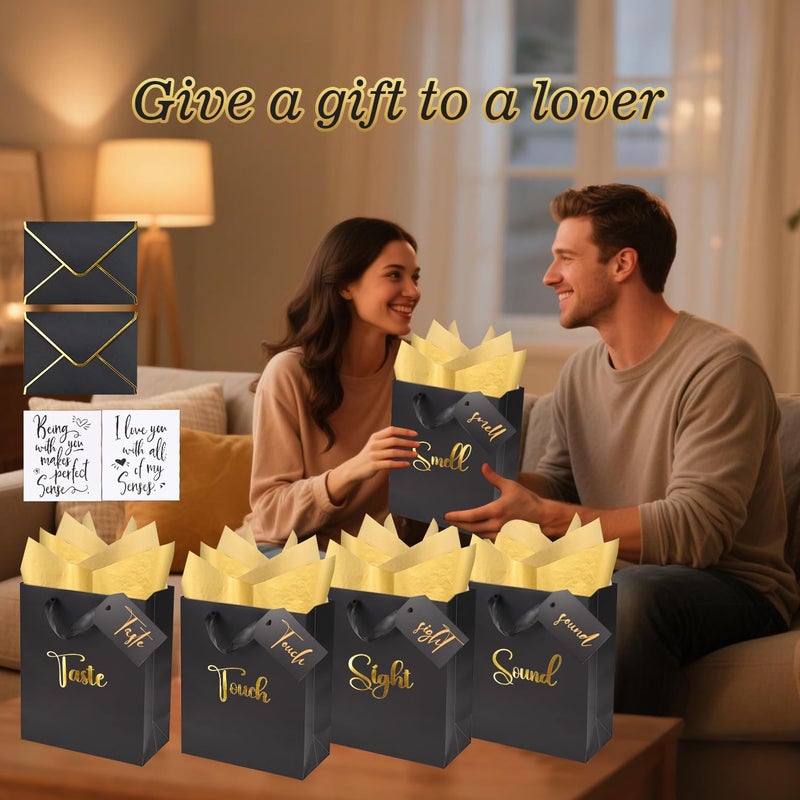 Nimbbex Gold Foil 5 Senses Gift Bags for Him with Labels Envelopes and Cards, Sight Smell Touch Taste Sound Gift Bags with Tissue Handle for Birthday, Anniversary, Mother's Day, Valentine's Day,10x8x4inch(Black) - Image 4