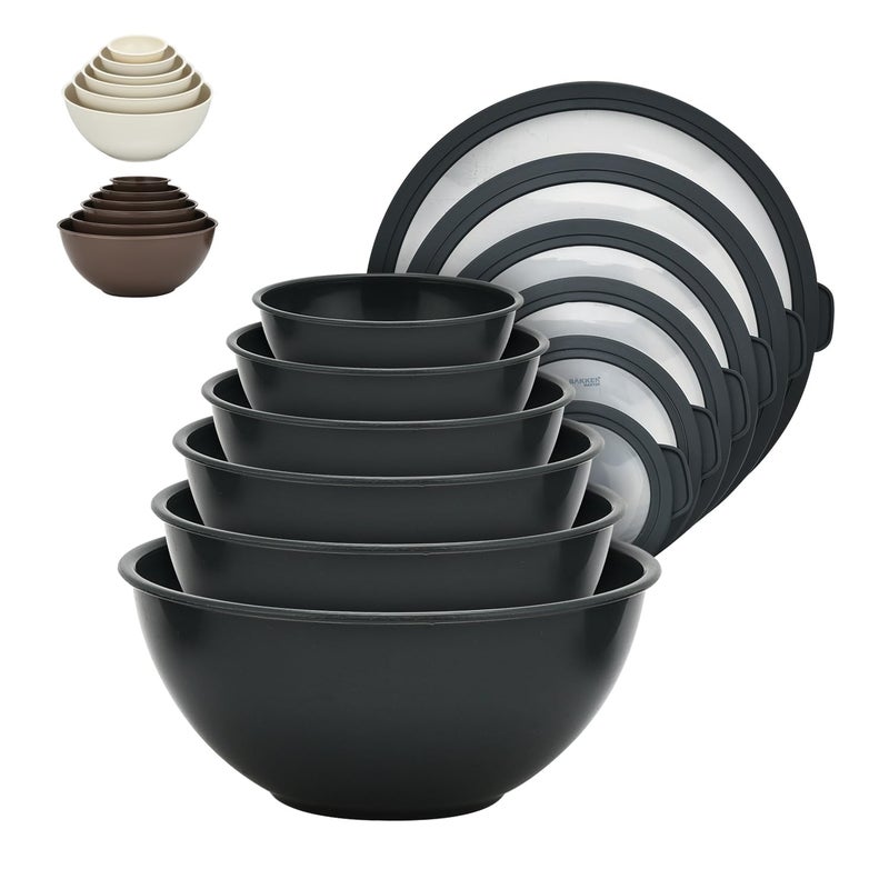 BAKKENMASTER 12 Piece Plastic Nesting Bowls with Lids - Mixing Bowls Set includes 6 Prep Bowls and 6 Lids, BPA-Free, Reusable Meal Prep Containers, Microwave, Freezer & Dishwasher Safe, Gray - Image 1