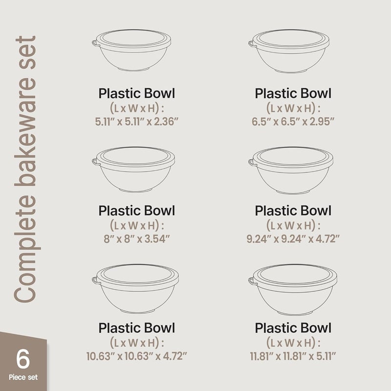 BAKKENMASTER 12 Piece Plastic Nesting Bowls with Lids - Mixing Bowls Set includes 6 Prep Bowls and 6 Lids, BPA-Free, Reusable Meal Prep Containers, Microwave, Freezer & Dishwasher Safe, Gray - Image 2