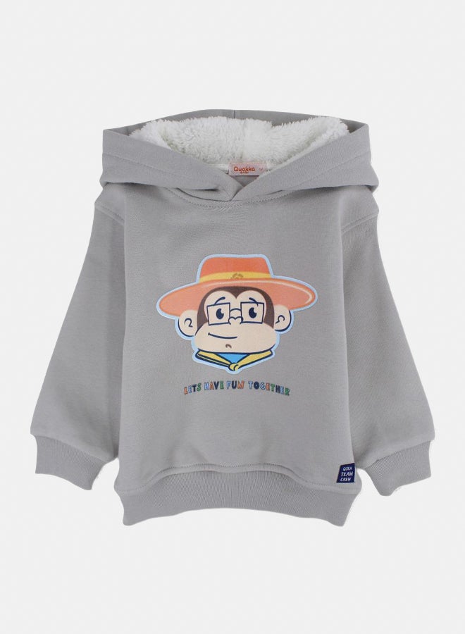 كوكا ملابس أطفال هودي قطني للأولاد – رمادي مع وجه كرتوني - Image 1