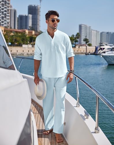 COOFANDY Mens 2 Pieces Cotton Linen Set Long Sleeve Henley Shirts Casual Beach Pants With Pockets Summer Yoga Outfits - Image 3