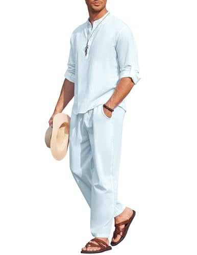 COOFANDY Mens 2 Pieces Cotton Linen Set Long Sleeve Henley Shirts Casual Beach Pants With Pockets Summer Yoga Outfits - Image 1
