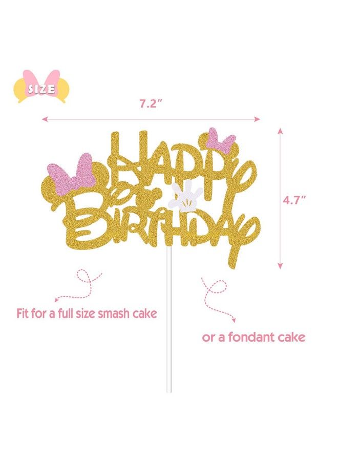 MosBug Pink And Gold Glitter Minnie Inspired Happy Birthday Cake Topper With Pink Bows And White Gloves Girls Birthday Party Decorations Supplies - Image 5