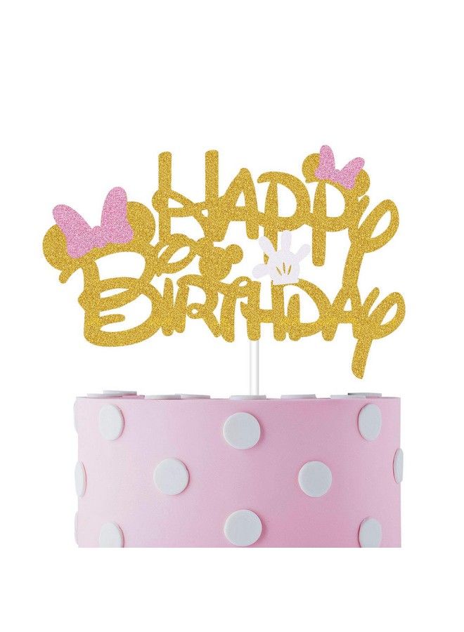 MosBug Pink And Gold Glitter Minnie Inspired Happy Birthday Cake Topper With Pink Bows And White Gloves Girls Birthday Party Decorations Supplies - Image 1