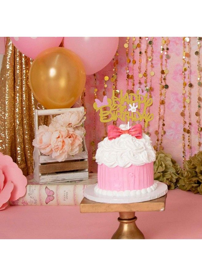 MosBug Pink And Gold Glitter Minnie Inspired Happy Birthday Cake Topper With Pink Bows And White Gloves Girls Birthday Party Decorations Supplies - Image 3