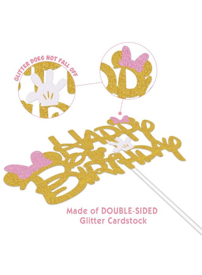 MosBug Pink And Gold Glitter Minnie Inspired Happy Birthday Cake Topper With Pink Bows And White Gloves Girls Birthday Party Decorations Supplies - Image 4