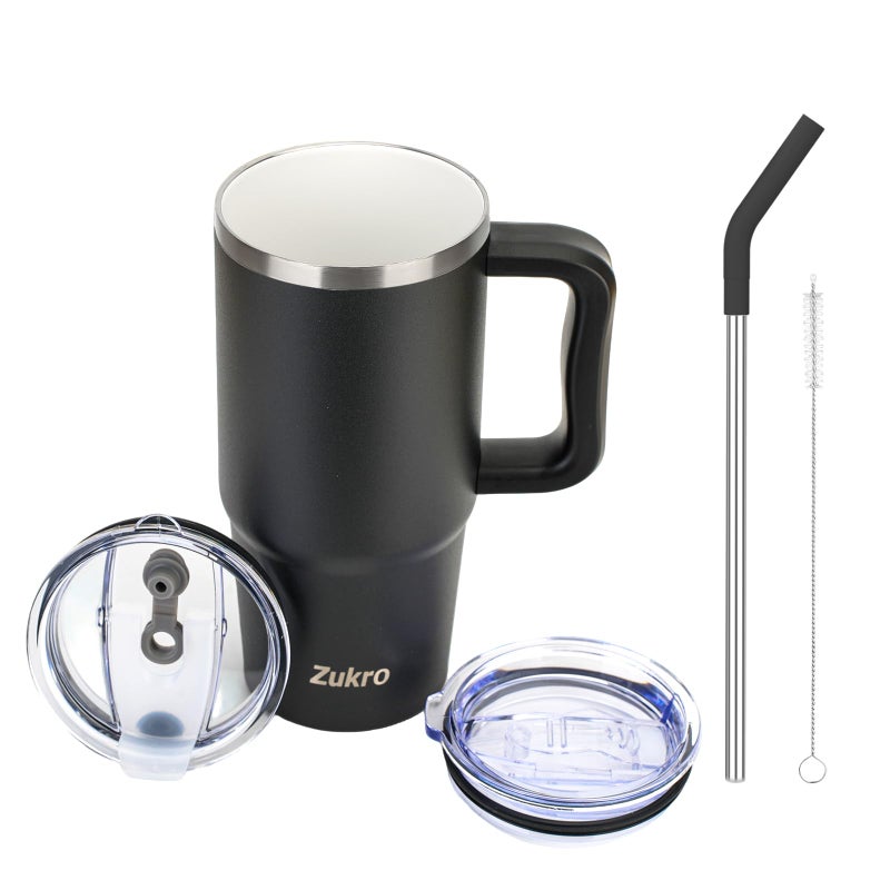 Zukro 24 oz Ceramic Lined Tumbler with Handle and Straw, No Metal Taste, Insulated Stainless Steel Coffee Mug with Spill Proof Lids for Home/Office, No Sweat, Keep Drinks Hot or Cold, Black - Image 1