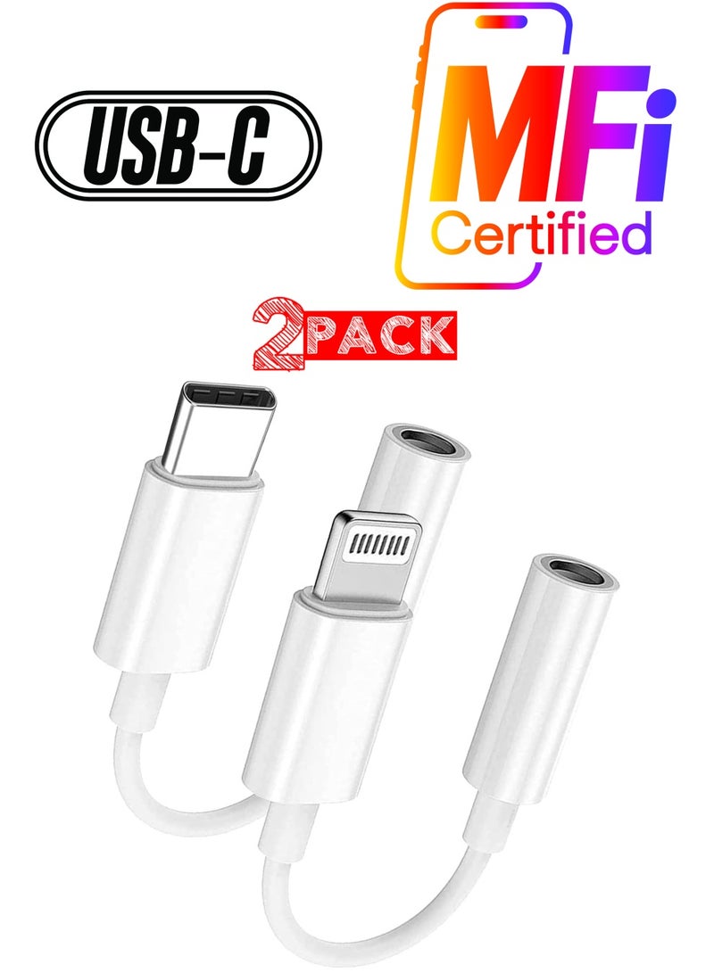 كابل محول 2 حزمة من Lightning إلى مقبس AUX 3.5 مم ومحول USB C نوع C إلى مقبس AUX