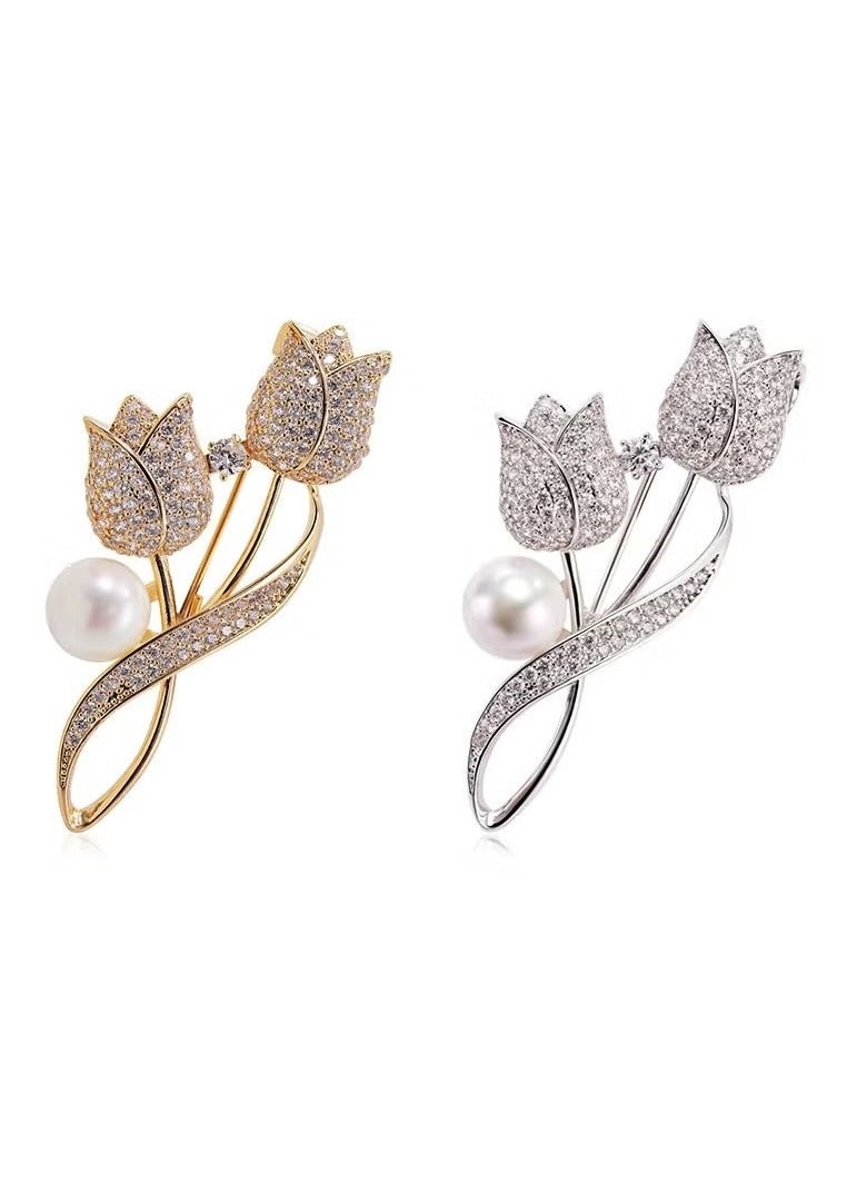 2 PCS Ladies' tulip brooch, multicolored rhinestone crystal enamel girl jewelry gift(gold, silver) - Image 1