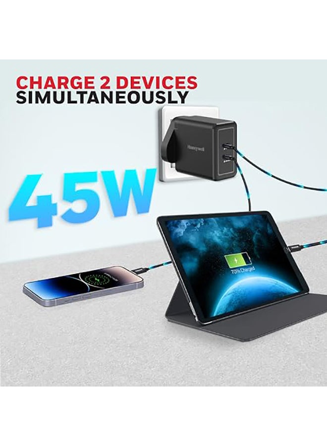 Honeywell Gan 45W Ultrafast Charger With Dual Usbc For Iphone 16/15/14/13/12/11 Ipad Google Pixel Samsung Galaxy And Oneplus 3 Yrs Manufacturer Warranty Black Black - Image 3