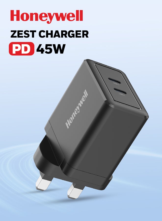 هوني ويل Zest Charger GaN 45W، شاحن حائط فائق السرعة مع دعم PPS، منفذ 2xType C PD 3.0، متوافق مع iPhone، iPad Pro، Pixel، Galaxy، Oneplus، Tablet، الساعات الذكية- - Image 1