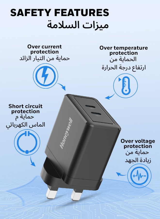 هوني ويل Zest Charger GaN 45W، شاحن حائط فائق السرعة مع دعم PPS، منفذ 2xType C PD 3.0، متوافق مع iPhone، iPad Pro، Pixel، Galaxy، Oneplus، Tablet، الساعات الذكية- - Image 3