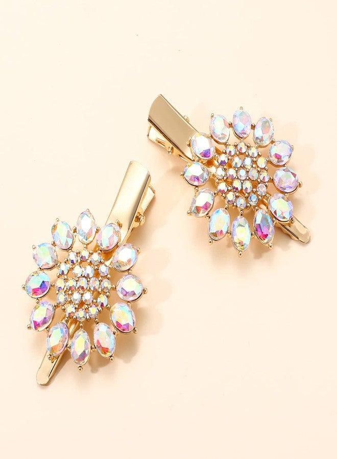 HSWE Crystal Hair Clips Large Sparkle Rhinestone Flower Design Alligator Metal Clip Non-Slip Floral Duckbill Hairpins Bling French Fancy Hair Barrettes for women Girls Hair Jewelry Accessories (AB Sliver B) - Image 2