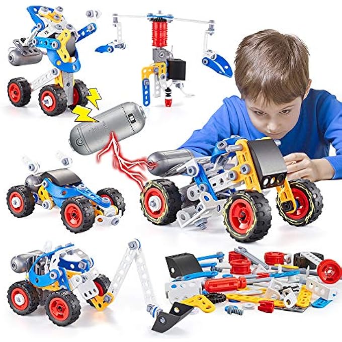 Kidpal Erector Set for Boys 6-12, Building Toys for Kids Ages 4-8, 5 in 1 STEM Toys Ages 4-7 with Electric Power Motor, Construction Toys for Age 5 7 8 9 Years Old, 113 PCS DIY - Image 1