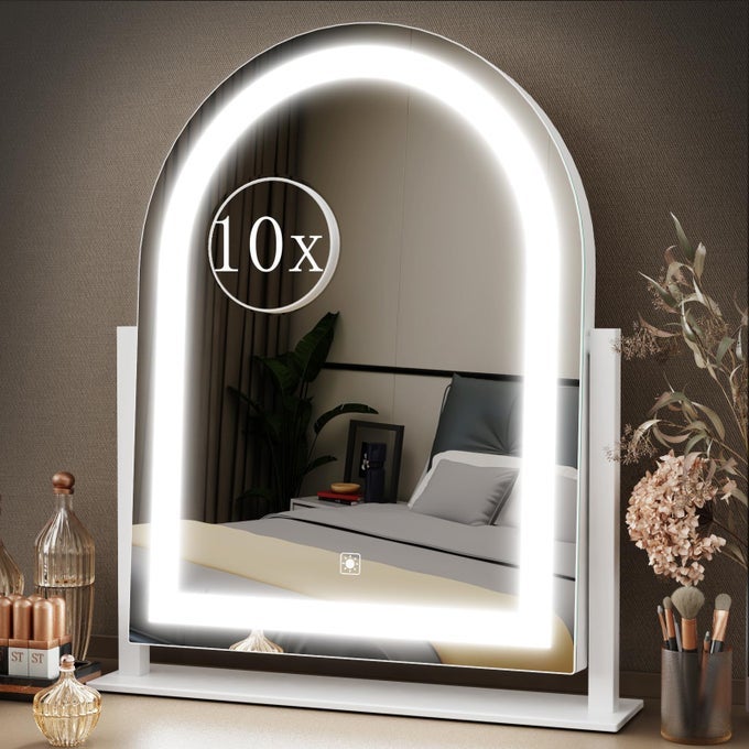LIGHTED MAKEUP MIRROR HOLLYWOOD VANITY MIRROR WITH LIGHTS THREE COLOR LIGHTING MODES AND DETACHABLE 10X MAGNIFICATION MIRROR SMART TOUCH CONTROL 360ROTATION 152IN WHITE