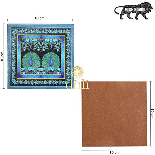 DULI Set of 6 MDF Wood Tea Coasters with Stand (10 * 10 cm) (2 Peacocks Blue) - Image 3