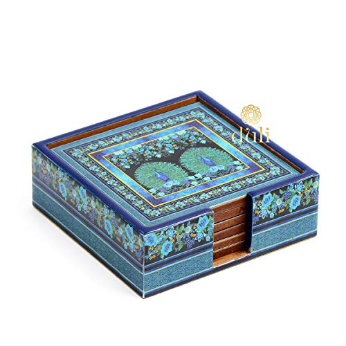 DULI Set of 6 MDF Wood Tea Coasters with Stand (10 * 10 cm) (2 Peacocks Blue) - Image 1