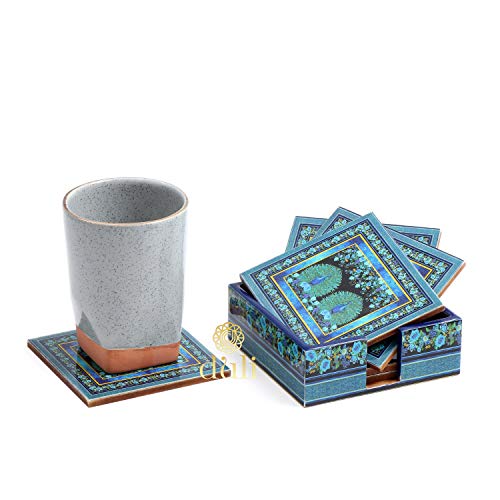 DULI Set of 6 MDF Wood Tea Coasters with Stand (10 * 10 cm) (2 Peacocks Blue) - Image 2