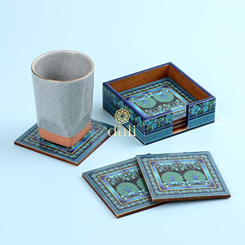 DULI Set of 6 MDF Wood Tea Coasters with Stand (10 * 10 cm) (2 Peacocks Blue) - Image 4