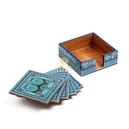 DULI Set of 6 MDF Wood Tea Coasters with Stand (10 * 10 cm) (2 Peacocks Blue) - Image 5