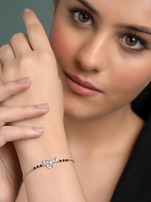 Clara 925 Sterling Silver Zoha Butterfly Hand Mangalsutra Adjustable Bracelet With Black Beads Chain | Platinum Plated, Swiss Zirconia | Gift For Wife - Image 3