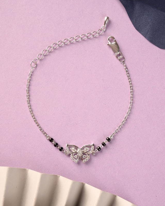 Clara 925 Sterling Silver Zoha Butterfly Hand Mangalsutra Adjustable Bracelet With Black Beads Chain | Platinum Plated, Swiss Zirconia | Gift For Wife - Image 2