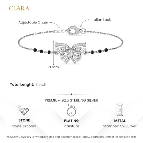 Clara 925 Sterling Silver Zoha Butterfly Hand Mangalsutra Adjustable Bracelet With Black Beads Chain | Platinum Plated, Swiss Zirconia | Gift For Wife - Image 5
